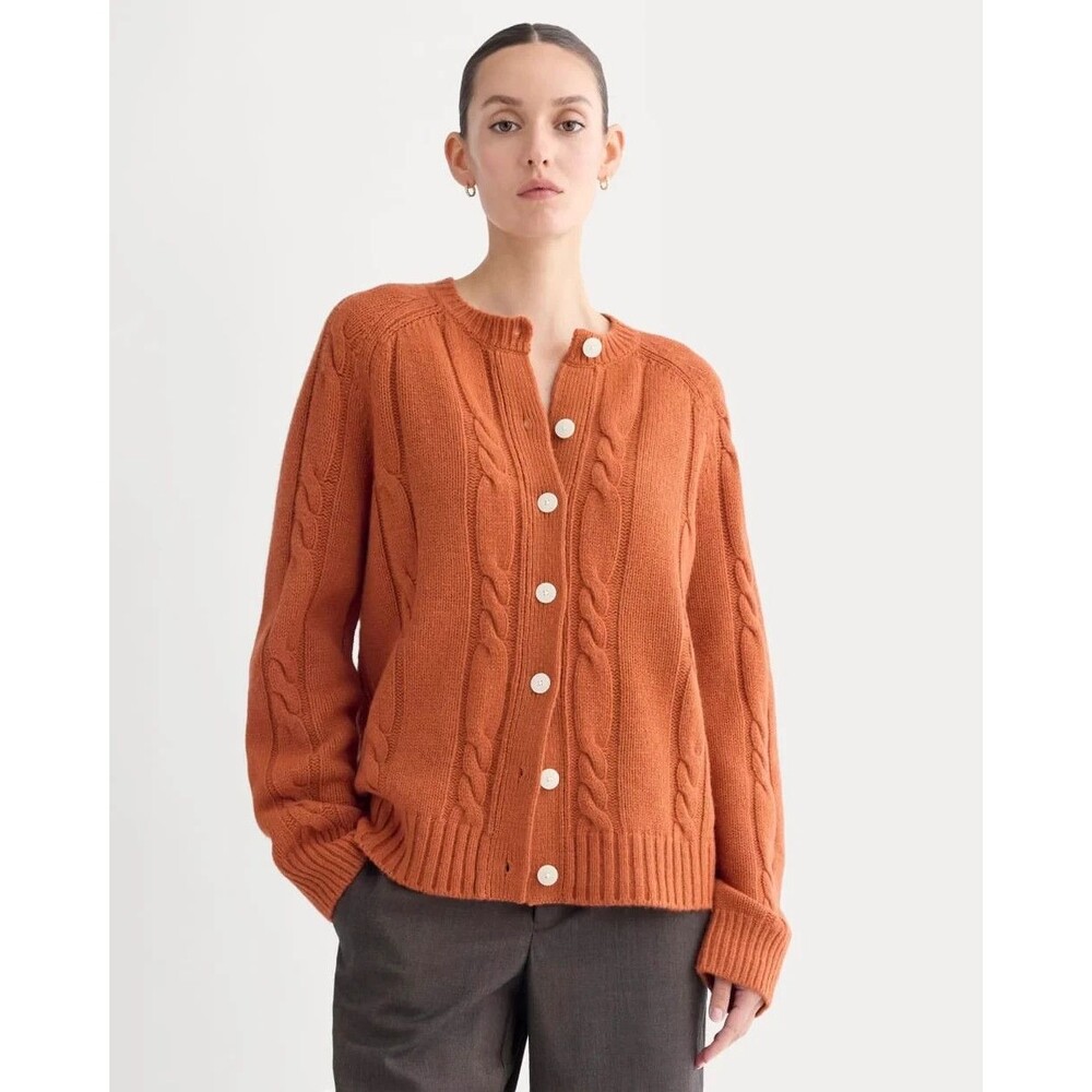 EVERLANE Cable Cardigan In Extrafine Luxe Merino XS Rust Heather Ribbed NEW A1